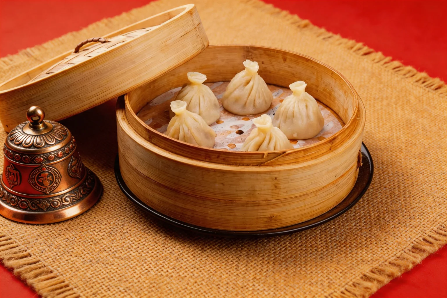 Momos vapeur dans un panier bambou, clochettes tibétaines à côté