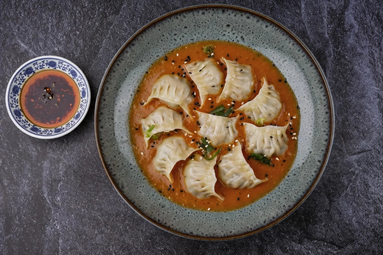 Momos nappés d'une sauce relevée, sésame et ciboule, sur assiette bleu-gris