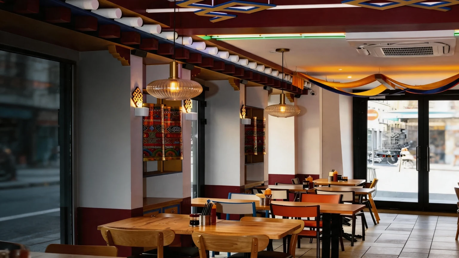 Intérieur du restaurant Un Jour À Lhasa : poutres bordeaux, treillis doré au plafond et tissus tibétains colorés.